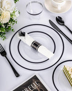 BESTVIP 350Pcs Clear Black Plastic Plates for Party, Disposable Dinnerware Set for 50 Guests, 100 Plastic Plates, 50 Cups, 50 Pre-Rolled Napkins with Cutlery for Graduation Party, Wedding, Halloween