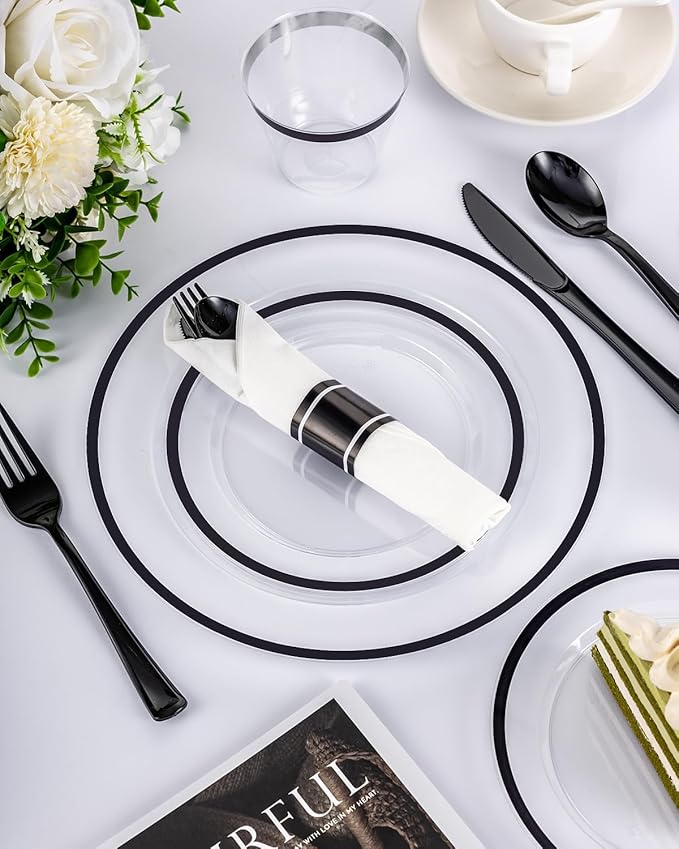 BESTVIP 350Pcs Clear Black Plastic Plates for Party, Disposable Dinnerware Set for 50 Guests, 100 Plastic Plates, 50 Cups, 50 Pre-Rolled Napkins with Cutlery for Graduation Party, Wedding, Halloween