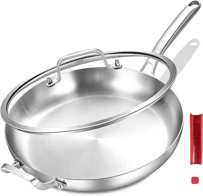 Inqibee 12-Inch Tri-Ply Stainless Steel Frying Pan with Lid and Helper Handle,Skillet,Chef's Pan,Induction Cooking Pan,Heavy Duty and Detachable Handle.