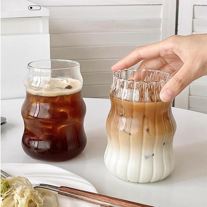 Nirvany 2 Pcs Ribbed Glass Cups, 18 Oz Vintage Drinking Glassware with Wave Shape Design, Bubble Cups for Iced Coffee, Juice, Beverage, Milk, Cocktails, Bubble Tea, and More