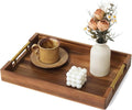 Acacia Wood Serving Tray with Golden Handles, 17 Inch Wooden Tray for Ottoman, Breakfast, Lunch, Dinner, Decorative Rectangular Tray for Living Room, Kitchen Counter, Outdoor