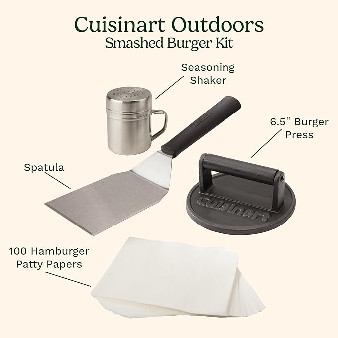 Cuisinart Smash Burger Kit,Cast Iron Press,Spatula,Seasoning Shaker and Patty Papers for Perfect Cookouts,Barbecues and Tailgates,(Pack of 6)
