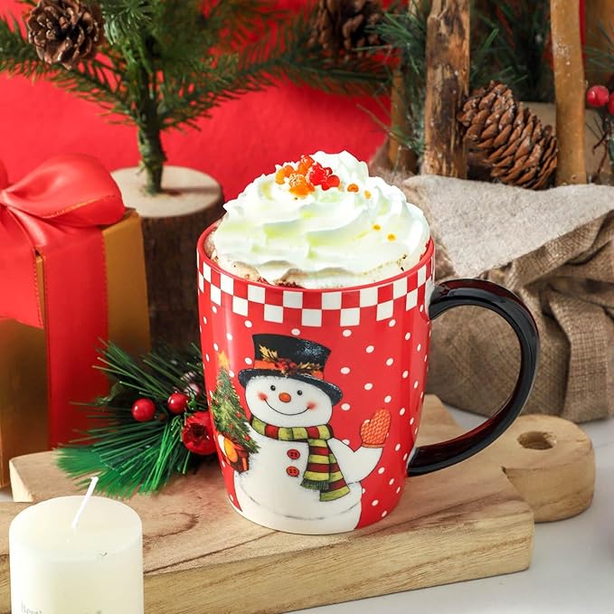 HASENSE Ceramic Coffee Mugs Set, 15oz Holiday Cups Set of 6, Holiday Cups with Handles for Hot Cocoa,Coffee,Idea Gifts for Women,Family,Friends, Red & Withe