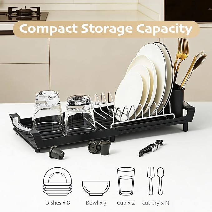 Extendable Dish Drying Rack, Stainless Steel, Over Sink or Counter, with Utensil Holder