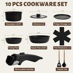 Numola 10 pcs Pots and Pan Set Non Stick with Detachable Handle, Ceramic Cookware Set for Stackable, Induction Kitchen Cookware Set for RV, Dishwasher ＆ Oven Safe, Black