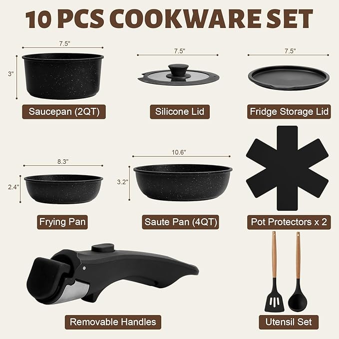 Numola 10 pcs Pots and Pan Set Non Stick with Detachable Handle, Ceramic Cookware Set for Stackable, Induction Kitchen Cookware Set for RV, Dishwasher ＆ Oven Safe, Black