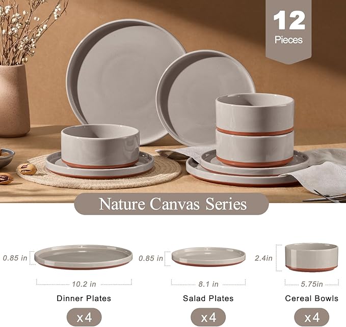 LIANYU Stoneware Dinnerware Sets Service for 4, 12 PCS Plates and Bowls Sets, Handmade Ceramic Dish Set, Highly Chip and Crack Resistant Modern Plate Set, Terra Brown