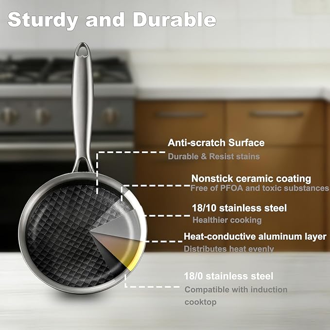 DELARLO 8inch Tri-Ply Stainless Steel Frying Pan With Lid, Nonstick Omelette Pans, Small Egg Pan Durable Chef's Pan,Induction Kitchen Skillets, Compatible with All Cooktops, Up to 600℉