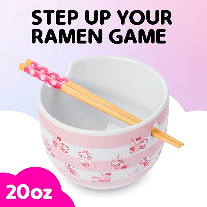 Silver Buffalo Sanrio Hello Kitty Strawberry Milk Pattern Ceramic Ramen Noodle Rice Bowl with Chopsticks, Microwave Safe, 20 Ounces
