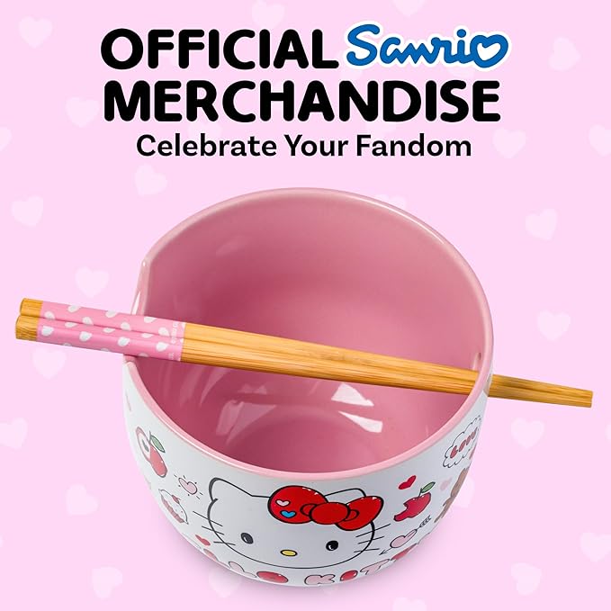 Silver Buffalo Sanrio Hello Kitty Apples and Hearts Doodles Ceramic Ramen Noodle Rice Bowl with Chopsticks, Microwave Safe, 20 Ounces