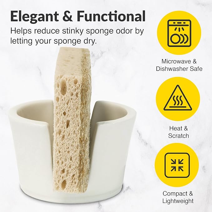 Elevated Lifestyle Ceramic Sponge Holder – Sink Caddy Organizer, Decorative Bathroom and Kitchen Sink Accessories, Allows Sponge to Dry, Ideal Countertop Sponge & Bar Soap Holder - (White)