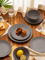 Famiware Venus Plates and Bowls Sets, 18 Pieces Stoneware Speckled Dishes Dinnerware Set for 6, Matte Dark Gray - Microwave & Dishwasher Safe, Modern Minimalist, for Everyday Meals & Formal Dining