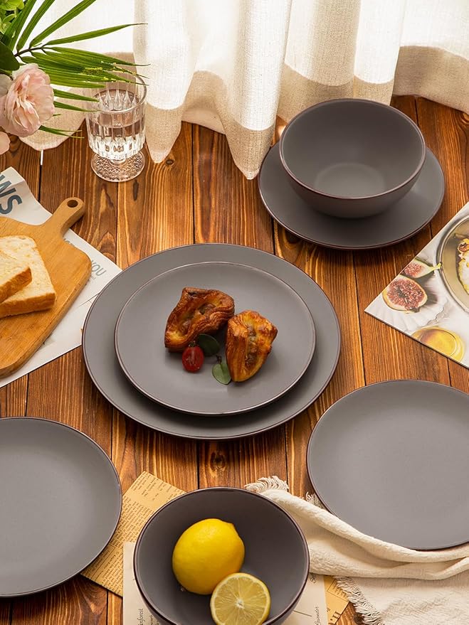 Famiware Venus Plates and Bowls Sets, 12 Pieces Stoneware Speckled Dishes Dinnerware Set for 4, Matte Dark Gray - Microwave & Dishwasher Safe, Modern Minimalist, for Everyday Meals & Formal Dining