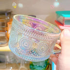 MFACOY Vintage Coffee Mugs Set of 2, 14 oz Iridescent Embossed Glass Tea Cups with Handle for Cappuccino, Latte, Hot or Cold Beverages