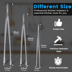 HOTEC Kitchen Tweezers Tongs Stainless Steel Professional Chef Tweezers, Set of 3-6.3", 10" and 12inch Food Tongs for Cooking, Repairing, Dessert, BBQ, Meat, Pasta