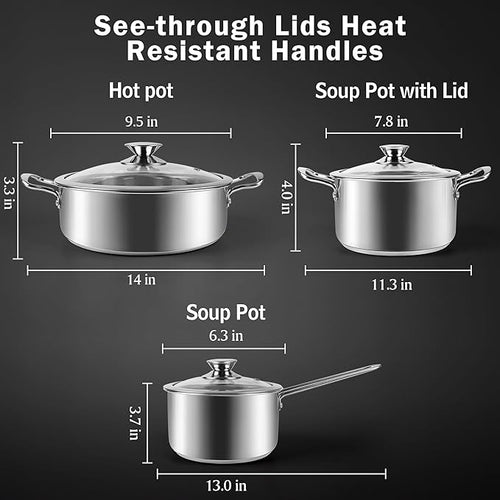 6-Piece Stainless Steel Cookware Set, Induction Pots and Pans Set with Glass Lids, Non-Toxic Kitchen Set for Gas/Electric/Induction, Oven & Dishwasher Safe