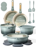 CAROTE 20Pcs Titanium Cookware Set, Pots and Pans Set Non Stick, Kitchen Cooking Set with Detachable Handle, Non Toxic Induction Cookware, Dishwasher/Oven Safe