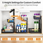 PXRACK Under Sink Organizer, Adjustable Height, 2 Tier Pull Out Under Cabinet Organizer, Slide Out Thickened Metal Under Sink Storage for Kitchen Bathroom Laundry Pantry Cabinet, Black, Small-2-Pack