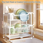 Dish Rack with Drainboard, Organizes Dishes and Bathroom Items for Narrow Spaces, Two-Story Drying Rack Fits 12 Plates 12 Bows 5 Glasses 4 Hooks and Some Cutlery, White