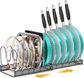 MUDEELA Expandable Pots and Pans Organizer Rack under Cabinet, Pots Lid Organizer Rack for Kitchen Cabinet Organizers and Storage with 12 Adjustable Dividers Cutting Board Holder & Anti-Scratch Strips