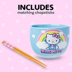 Silver Buffalo Hello Kitty Rainbow and Clouds Ceramic Ramen Noodle Rice Bowl with Chopsticks, Microwave Safe, 20 Ounces