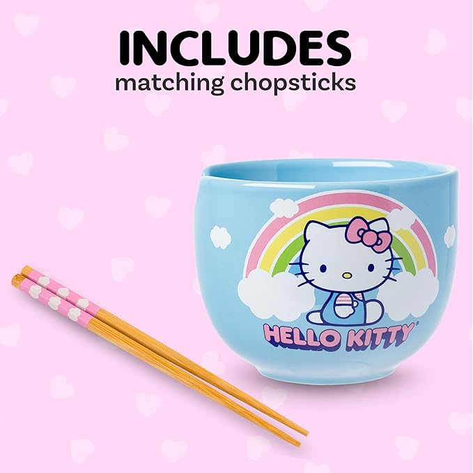 Silver Buffalo Hello Kitty Rainbow and Clouds Ceramic Ramen Noodle Rice Bowl with Chopsticks, Microwave Safe, 20 Ounces