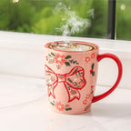 HASENSE Coffee Mugs Set of 4,16oz Ceramic Cups with Handle for Kitchen,Pink Bow Valentine's Day Latte Mugs for Hot Cocoa,Tea,Milk & Latte,Large Festive Stylish Mug Gift,Microwave and Dishwasher Safe