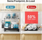 GSlife Stainless Steel Dish Drying Rack 2 Tier, Compact Dish Racks for Kitchen Counter with Cutting Board Holder, Auto-Drain Spout, Rust Proof Dish Drainer for Apartment, 21" L x 12.6" W, Silver
