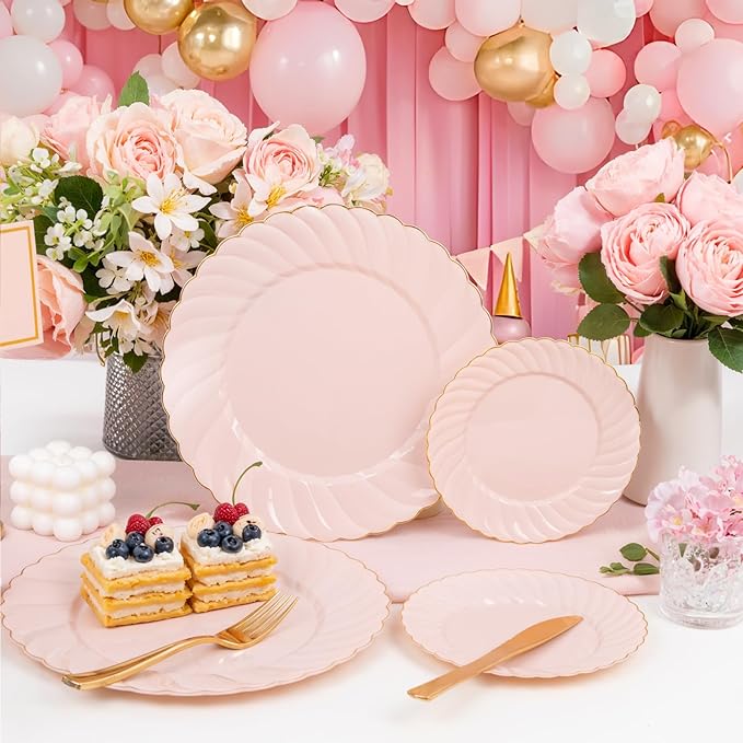 YOUBET 125Pcs Pink Plastic Plates with Gold Rim - Scalloped Plastic Plates Set Includes 25 Dinner, 25 Dessert Plate, 75 Gold Silverware for 25Geusts for Wedding Birthday Baby Shower Mothers Day