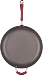 Rachael Ray 87631-T Cucina Hard Anodized Nonstick Skillet with Helper Handle, 14 Inch Frying Pan, Gray/Red