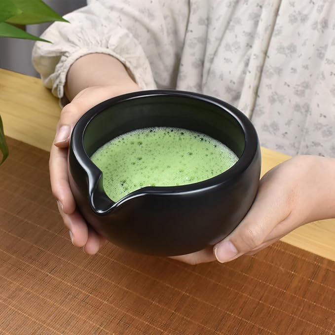Artcome 7 Pcs Complete Matcha Ceremony Kit for Tea Ceremony, Bowl with Pouring Spout, Whisk, Tea Scoop, Matcha Powder Strainer, Matchatools For Making Usucha, Koicha and Matcha Latte (Black)