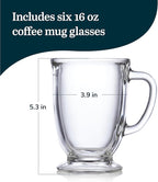Libbey Kona Glass Coffee Mugs Set of 6, Elegant 16 Ounce Clear Tea Cup Set , Dishwasher Safe Glass Mugs with Handles for Tea, Coffee,and Espresso