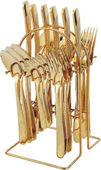 Gold Silverware Set,24 Piece Gilded Silverware Set Rack Service for 6，Mirror Polished Cutlery Utensil Set,Home Kitchen Eating Tableware Set,Include Fork Knife Spoon Holder Set,Dishwasher Safe…