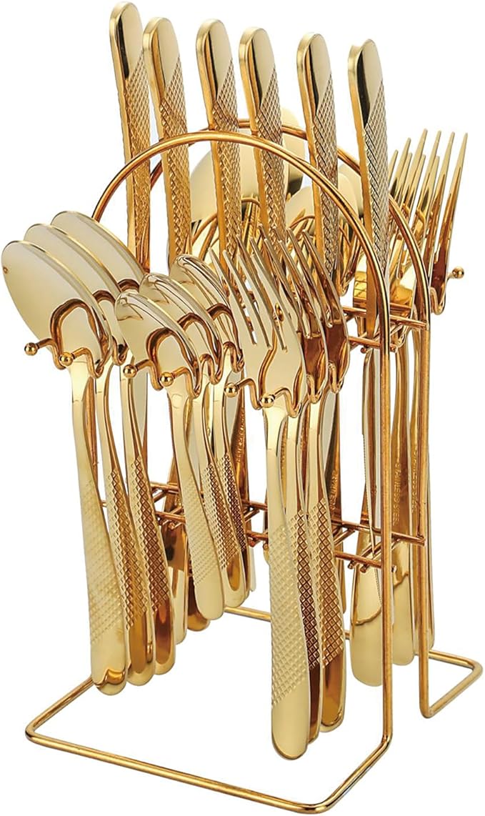 Gold Silverware Set,24 Piece Gilded Silverware Set Rack Service for 6，Mirror Polished Cutlery Utensil Set,Home Kitchen Eating Tableware Set,Include Fork Knife Spoon Holder Set,Dishwasher Safe…