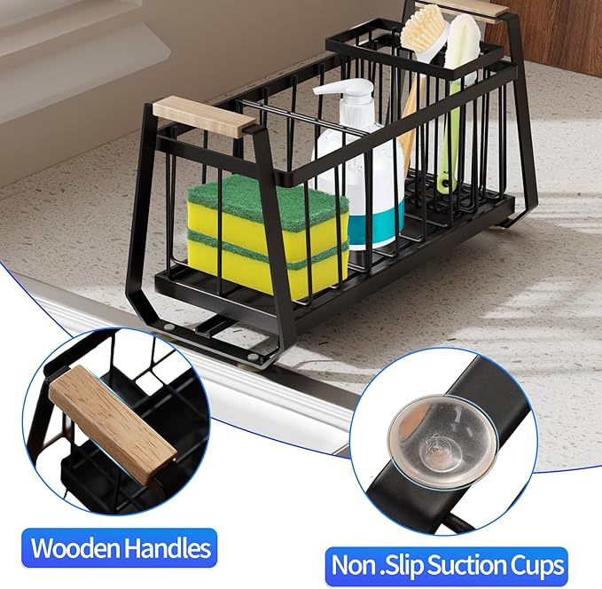 Sponge Holder for Kitchen Sink, Kitchen Sink Caddy Organizer with High Brush Holder, Rustproof Sponge Holder, Kitchen Countertop Organizers and Storage Essentials