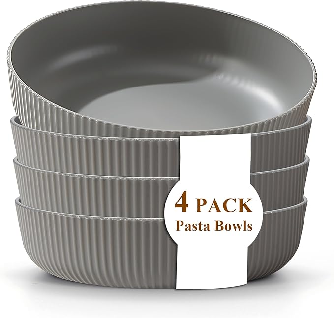 Kyraton Pasta Bowls Set of 4, 37oz Salad Bowls Soup Bowls Large Pasta Serving Bowl Plastic Unbreakable Serving Dishes Dinner Bowls (Grey)