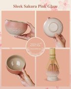 ZENS Matcha Whisk Set, 6pcs Matcha Kit Set with Matcha Bowl, Bamboo Whisk & Scoop, Chasen Holder, 304 Stainless Steel Sifter, Tea Mat for Japanese Tea Ceremony- Pale Pink