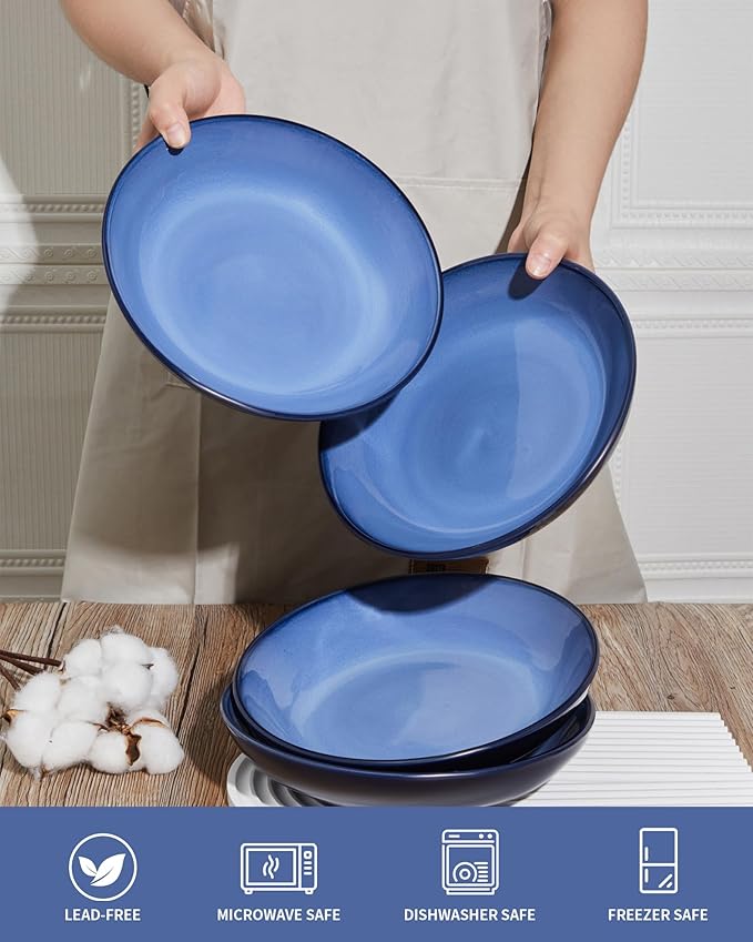 Pokini Ceramic Pasta Bowl Set of 4, 32 Oz Large Salad Bowls for Serving, Microwave & Dishwasher Safe Soup Bowls for Kitchen, Light Blue Stoneware Bowl Set