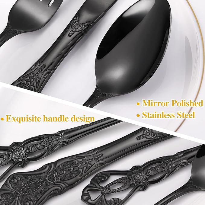 Gorgeous Retro Royal Black Silverware Set For 8,OIULO 40 Pieces Flatware Service 8,Stainless Steel Anti-rust Dark Fine Vintage Utensils Forks Spoons Knife,Antique Baroque Cutlery,Mirror Dishwasher