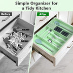 9-Piece Bamboo Kitchen Drawer Organizer Set, Expandable Silverware &Utensil Organizer with Removable Knife Block & Steak Knives, Flatware Organization, Tableware Dividers Storage(Cyan)