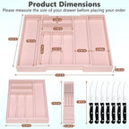 9-Piece Bamboo Kitchen Drawer Organizer Set, Expandable Silverware &Utensil Organizer with Removable Knife Block & Steak Knives, Flatware Organization, Tableware Dividers Storage(Pink)