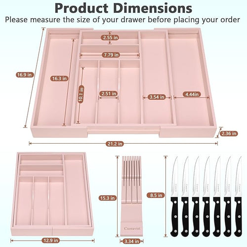 9-Piece Bamboo Kitchen Drawer Organizer Set, Expandable Silverware &Utensil Organizer with Removable Knife Block & Steak Knives, Flatware Organization, Tableware Dividers Storage(Pink)