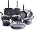 T-fal Ultimate Hard Anodized Nonstick Pots and Pans Set 14 Piece, Oven Broiler Safe 400F, Kitchen Cooking Set w/Fry Pans, Saucepans, Griddle, Dutch Oven, Dishwasher Safe, Cookware, Black