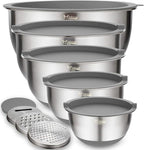Wildone Mixing Bowls with Airtight Lids Set, 5PCS Stainless Steel Nesting Bowls Set for Kitchen, with Grater Attachments & Non-Slip Bottoms, Size 5, 3, 2, 1.5, 0.63 QT, Great for Baking & Serving