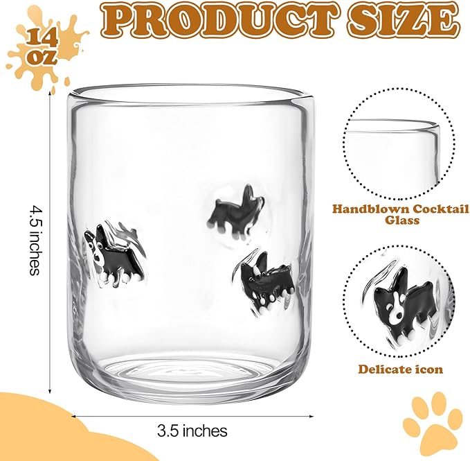 Skylety 2 Pack Icon Juice Glasses, 14 oz Stemless Glass Cups, Puppy Juice Cocktail Wine Coffee Drinking Cups for Engagement Wedding Anniversary Valentines Party Supplies