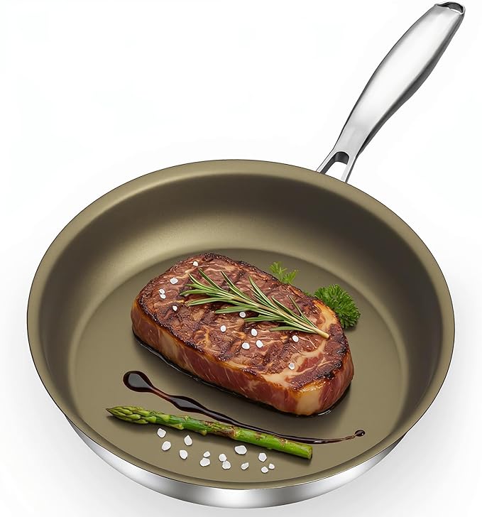 Nonstick Frying Pan Skillet 11inch, 18/10 Stainless Steel Pan, Titanium Pan with Cool Touch Handle, Non Stick Pan, PTFE & PFOA Free, Dishwasher & Oven Safe, Compatible with All Cooktops