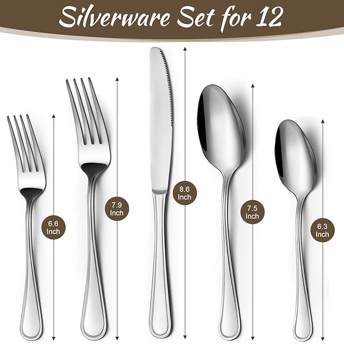 60-Piece Silverware Set - Silverware Set for 12, Stainless Steel Flatware Set with Forks, Knives & Spoons, Mirror Polished Cutlery Set, Dishwasher Safe