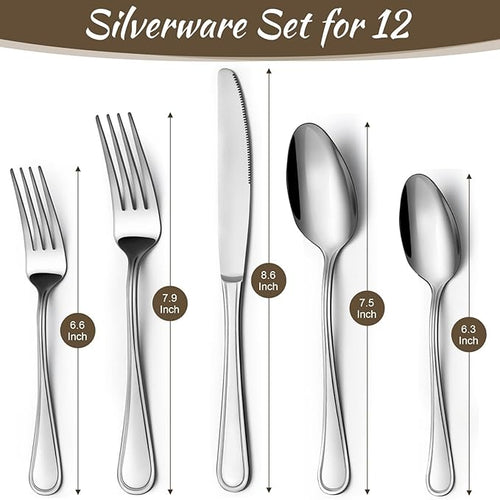 60-Piece Silverware Set - Silverware Set for 12, Stainless Steel Flatware Set with Forks, Knives & Spoons, Mirror Polished Cutlery Set, Dishwasher Safe