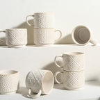 6 Oz Coffee Cups with Stand, Stackable Espresso Cups Set of 4, Ceramic Cappuccino Cup, Embossed Coffee Mugs for Latte, Cocoa, Mocha, Tea, Housewarming Wedding Present, Dishwasher Safe