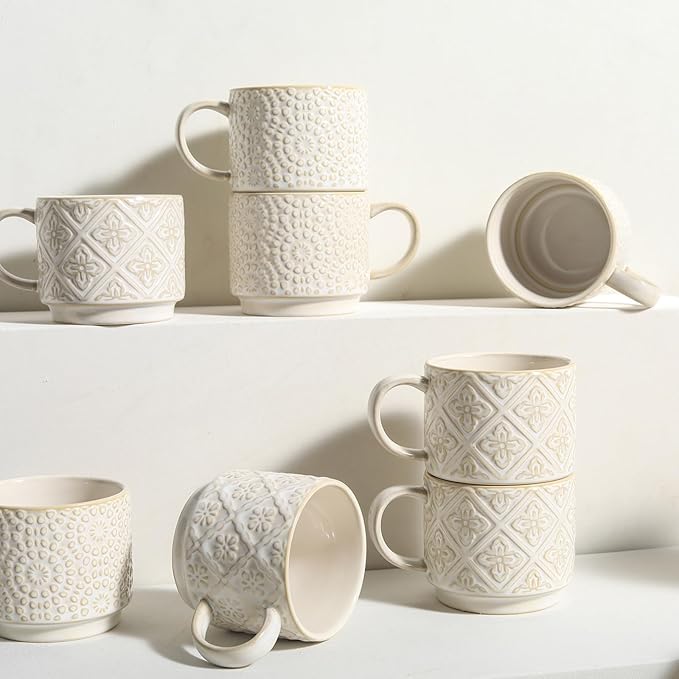 6 Oz Coffee Cups with Stand, Stackable Espresso Cups Set of 4, Ceramic Cappuccino Cup, Embossed Coffee Mugs for Latte, Cocoa, Mocha, Tea, Housewarming Wedding Present, Dishwasher Safe